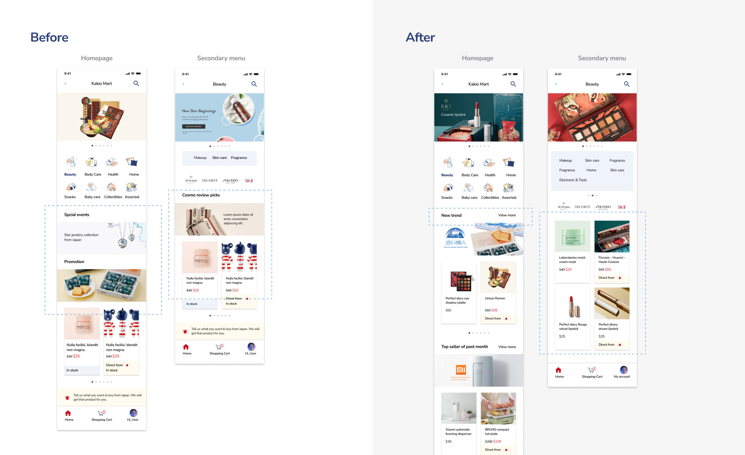 Kakio Mart home page before and after