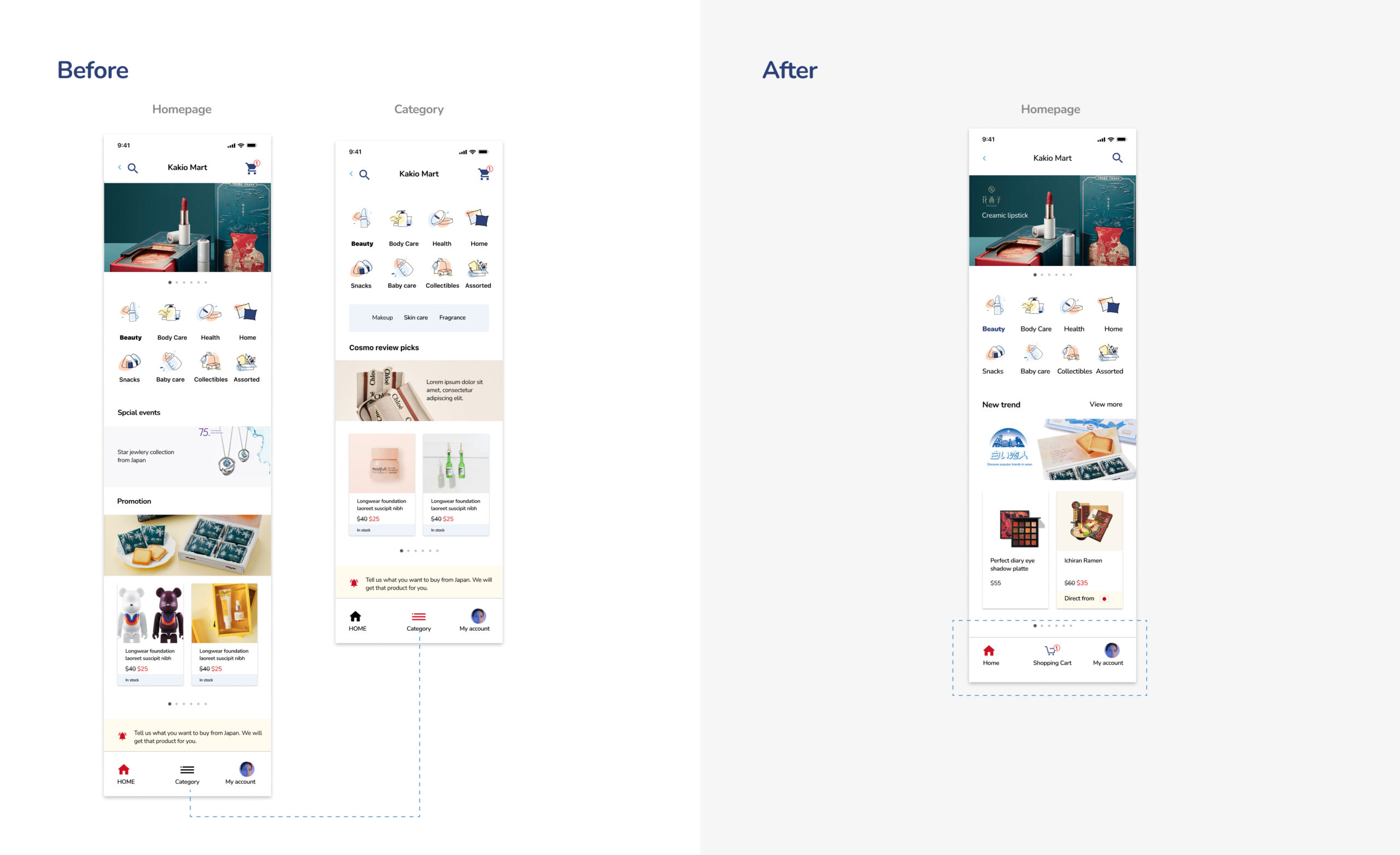 Kakio Mart navigation before and after