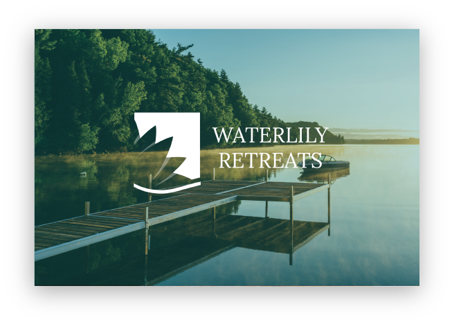 Waterlily Retreats logo applied to a lakeside image