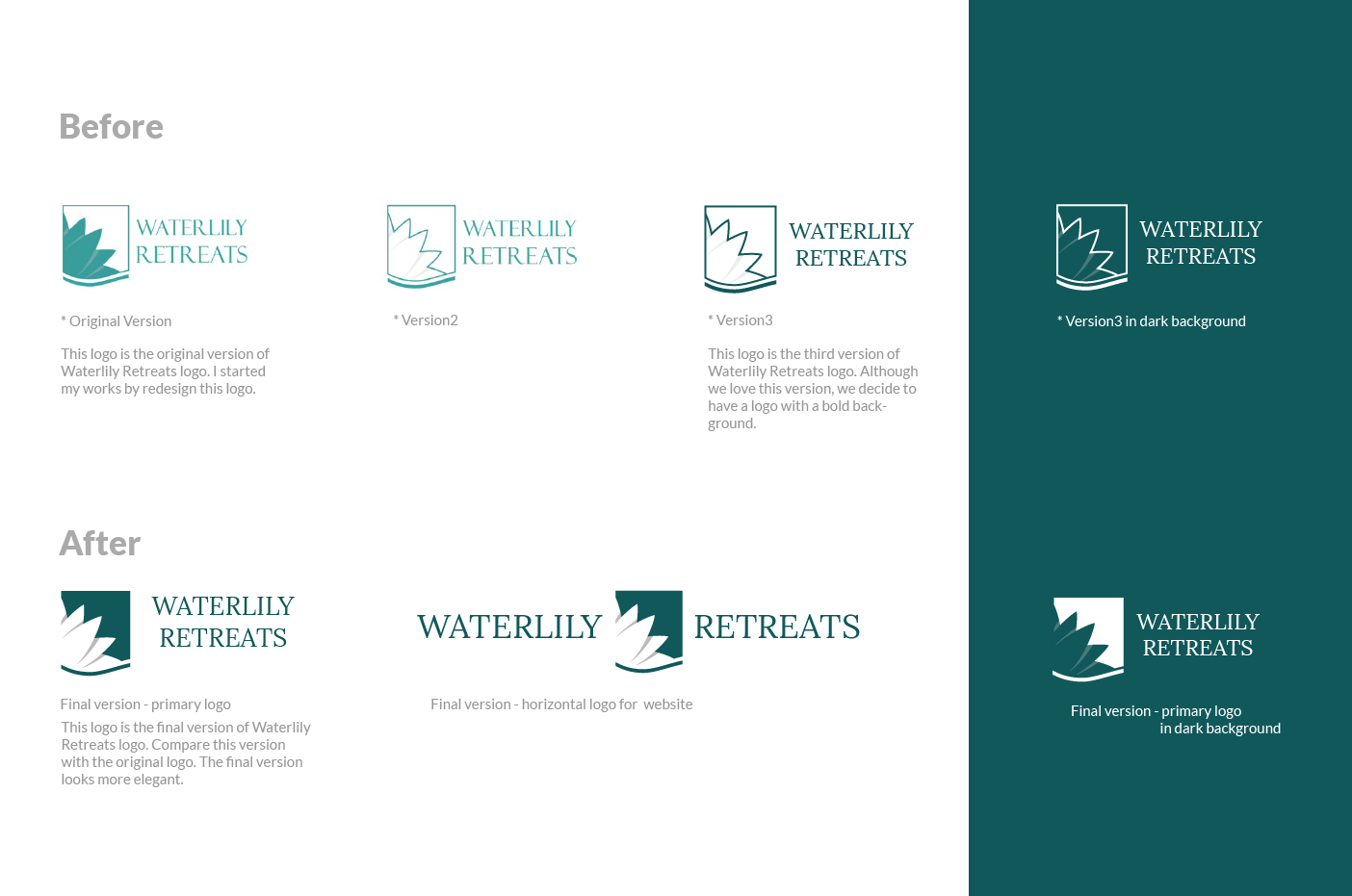 Waterlily Retreats logo iterations