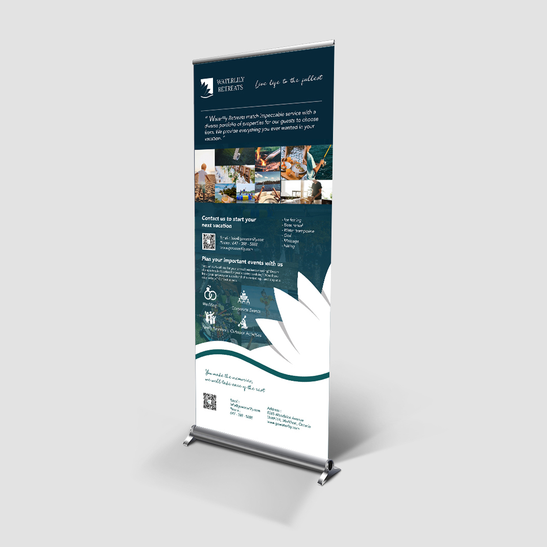 Dark Waterlily Retreats roll-up banner