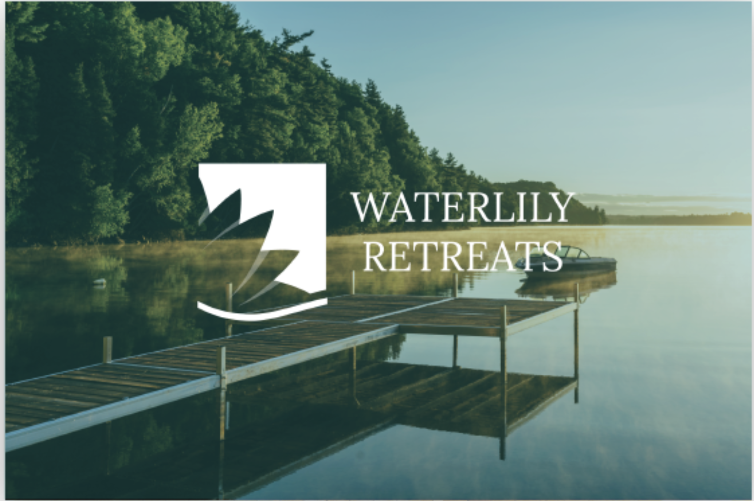 Waterlily Retreats logo over a lakeside retreat